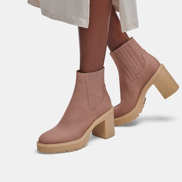 Dolce Vita Caster Ankle Heeled Booties Cafe Canvas - Picture 1 of 10